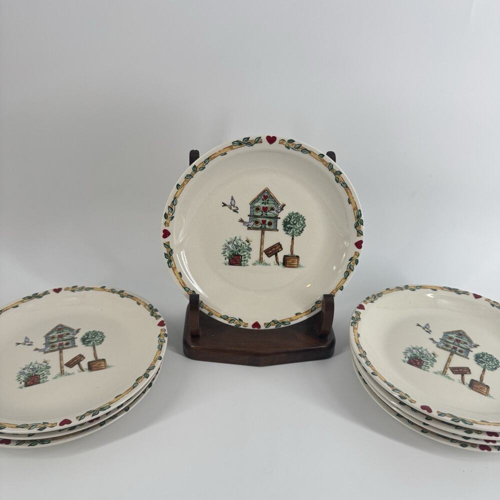 Thompson Pottery Birdhouse Salad Plates - SET OF 4 7.5" Farmhouse Cottage Vtg